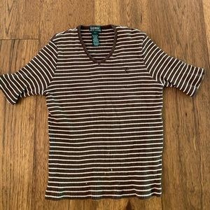 Y2K Lauren Ralph Lauren Brown White Striped Ribbed T-Shirt
